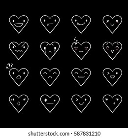 Heart emoticons with different emotions, vector set of various hand-drawn outline cute expressions, EPS 8