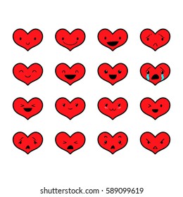 Heart emoticons with different emotions, vector set of various hand-drawn cute expressions, EPS 8