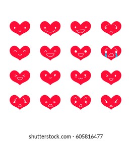 Heart emoticons with different emotions, vector set of various hand-drawn red cute expressions, EPS 8
