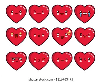 Heart emoticons set. Smiley icons vector set. Happy, sad, upset, crying, love, cool, star, kiss, sleepy and other emoticons. llustration