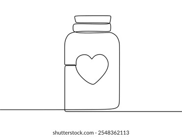 Coração fechado em um frasco representado em um desenho minimalista de uma linha. Representa temas de amor, proteção e relacionamentos em um conceito criativo.