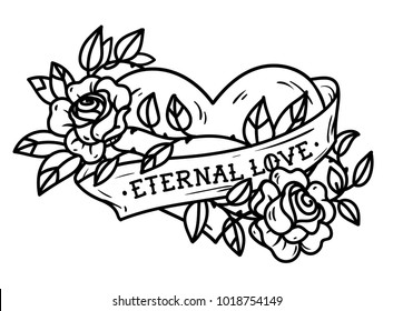 Heart entwined in climbing rose tattoo. Heart entwined in ribbon. Tattoo heart with ribbon and roses. Old school styled. Ribbon with lettering Eternal love. Forever love. Black and white tattoo