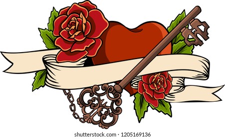 Heart entwined in climbing rose tattoo. Heart entwined in ribbon. Tattoo heart with ribbon and roses. Old school styled. Ribbon with lettering Eternal love. Forever love