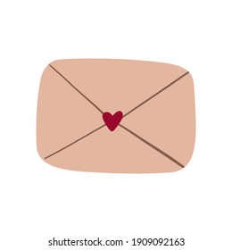 Heart envelope, closed craft envelope, love letter. Doodle, vector illustration flat style, isolated on white background