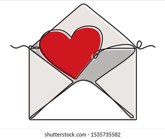 Heart in envelope continuous one line drawing minimalism design isolated on white background
