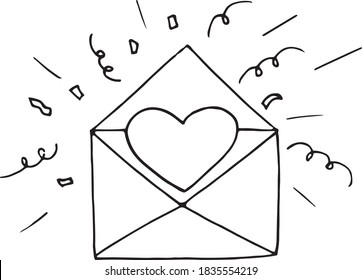heart in envelope and fireworks confetti sketch hand drawn doodle. love, icon, vector, monochrome, minimalism, valentine day message