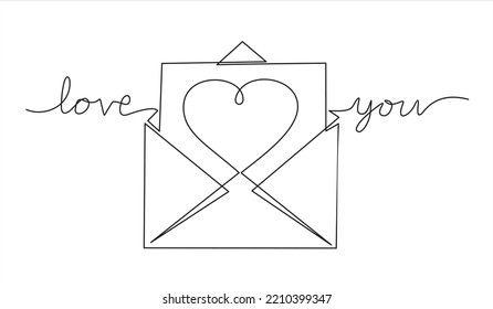 Heart in envelope with inscription  "love you". Mail icon concept. Concept of birthday, valentine's day. Continuous one line drawing. 