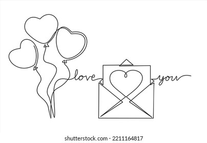 Heart in envelope with inscription  "love you" and heart balloons. Concept of valentine's day. Continuous one line drawing. 