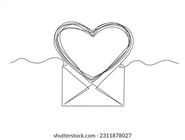 Heart in envelope. Mail icon concept. Concept of birthday, valentine's day. Continuous one line drawing.