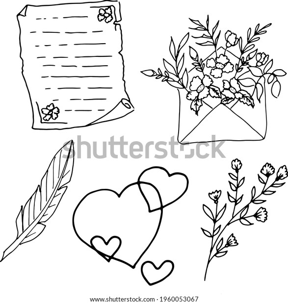 Heart, envelope, pen, black lines, vector image.\
Doodle element.