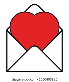 heart in an envelope, vector illustration of white open post envelope with red heart symbol of love letter, isolated on white background