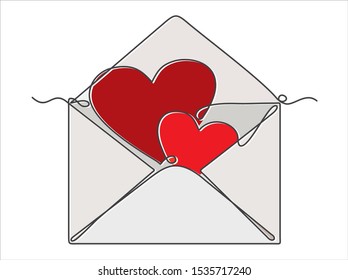 Heart in envelope vector one continuous  line art. Line illustration. Minimalist print. Black and white.