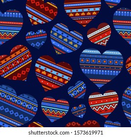 Heart, ethnic ornament, seamless pattern, blue, vector. Blue and red hearts on a blue field. Vintage decor. Textile print. 