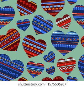 Heart, ethnic ornament, seamless pattern, green, vector. Vintage decor. Textile print. 