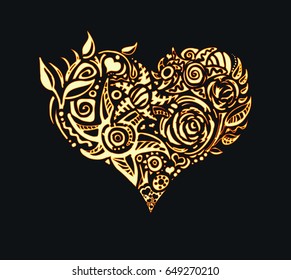 Heart ethnic style in golden lines on black background, vector illustration