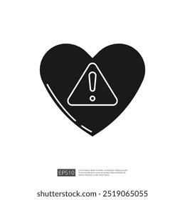 Corazón con icono de signo de exclamación, estilo de línea, signo de peligro de amor, advertencia, precaución, alarma, aviso importante, atención. Ilustración vectorial.