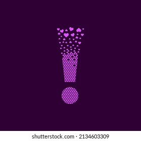 Heart exclamation point animated pixel dot logo. Big attention-warning sign pixel up. It is filled with hearts. Complementary and integrative pixel movement. The modern heart connects the dots.