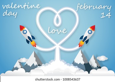 Heart exhaust smoke of rocket launch on clouds and blue sky as paper art, craft style, love and valentine's day concept. vector illustrator.