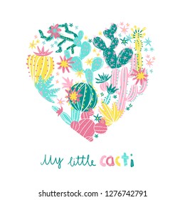 Heart with exotic blossom succulents and cactus. Romantic stylish vector illustration. Perfect for card or t-shirt print