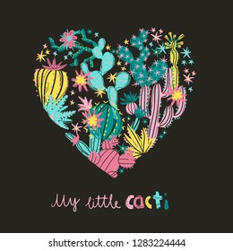 Heart with exotic blossom succulents and cactus. Romantic stylish vector illustration. Perfect for card or t-shirt print