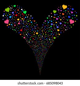 Heart explosive stream. Vector illustration style is flat bright multicolored iconic heart symbols on a black background. Object fountain constructed from random pictographs.