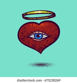 Heart with eye and golden ring. Simple vector illustration with dotted shading.T shirt print design.EPS8