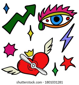 Heart eye lightning arrow crown star sparkles love logo icon sign Hand drawn Doodle set Modern style design Fashion print for clothes apparel greeting invitation card banner poster flyer background