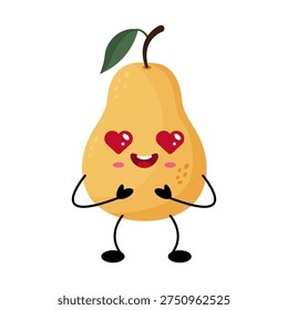 Heart eyed pear character expressing adoration, heart eyes and blushing cheeks, hands clasped to chest, stem with leaf, warm yellow tones, flat kawaii illustration,