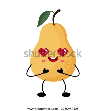 Heart eyed pear character expressing adoration, heart eyes and blushing cheeks, hands clasped to chest, stem with leaf, warm yellow tones, flat kawaii illustration,