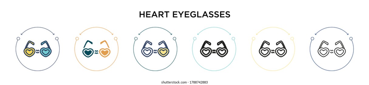 Heart eyeglasses icon in filled, thin line, outline and stroke style. Vector illustration of two colored and black heart eyeglasses vector icons designs can be used for mobile, ui, web
