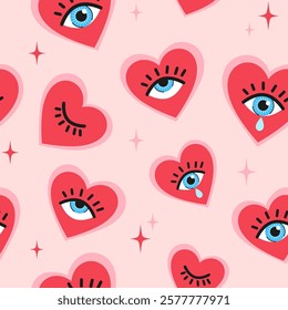 Heart eyes, hearts with eyes abstract mystic tarot seamless pattern, love background