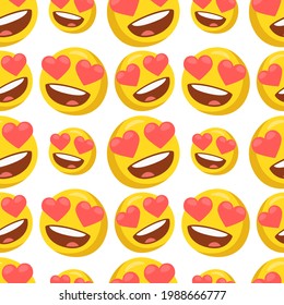 Heart Eyes Icon Emoji Pattern. Love Seamless Background Symbols. Doodle Emoticon Illustration Design Vector.