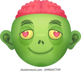 Heart eyes zombie emoji. Romantic monster face isolated on white background