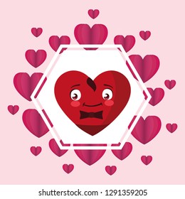 heart face emoticon character in frame with hearts