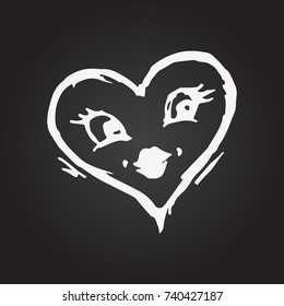 Heart with face. Eyes with lashes. Happy kissing heart. Hand drawn vector illustration. Black board drawing