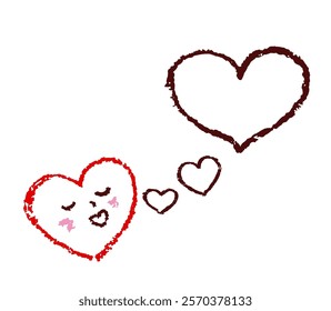 Heart face. Funny cute smiling head with kiss and speech bubble form. Hand drawing doodle comic style. Crayon, pastel chalk or pencil. Cartoon simple character. Valentine's day or hippie peace symbol