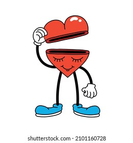 Heart with face is greeting. Trendy retro cartoon stickers. Сomic character with gloved hands and boots.