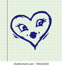 Heart with face. Happy kissing heart. Hand drawn vector illustration. Ball pen drawing