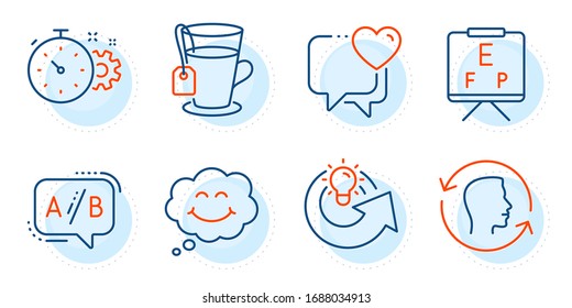 Heart, Face id and Share idea signs. Tea, Cogwheel timer and Smile line icons set. Ab testing, Vision board symbols. Glass mug, Engineering tool. Business set. Outline icons set. Vector