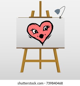 Heart with face on easel. Happy kissing heart. Hand drawn vector illustration