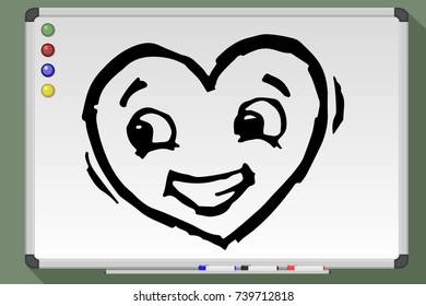 Heart with face on whiteboard. Happy smiling heart. Hand drawn vector illustration