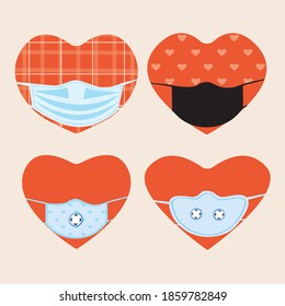 Heart, facial mask isolated. Flat vector stock illustration. Concept of wearing a face mask, valentine's day pandemic. Set or collection of icons, logo with heart in medical mask