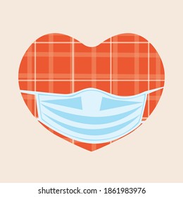 Heart, facial mask isolated. Flat vector stock illustration. Valentine's day mask concept. Illustration with a checkered heart in a medical mask, a symbol of love