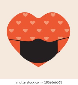 Heart, facial mask isolated. Flat vector stock illustration for valentine's day. Concept of wearing a face mask, valentine's day. Illustration with a heart wearing a black medical mask