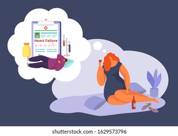 Heart failure alcohol problems people, woman with wine glass medical care vector illustration concept. Woman or man alcoholic heart disease. Cardiologists listen, take tests, make diagnose