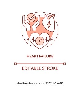 Icono de concepto anaranjado de insuficiencia cardíaca. Enfermedad cardiovascular. Enfermedad cuidado paliativo abstracto idea de la ilustración de línea delgada. Dibujo de contorno aislado. Trazo editable. Fuentes Arial, Myriad Pro-Bold utilizadas