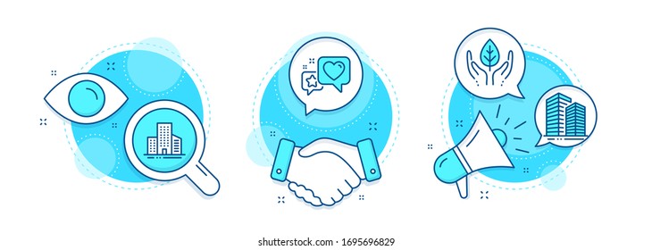 Heart, Fair trade and Buildings line icons set. Handshake deal, research and promotion complex icons. Skyscraper buildings sign. Star rating, Safe nature, City architecture. Town architecture. Vector