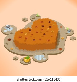 Heart in fall with leaves, puddles and pumpkin
