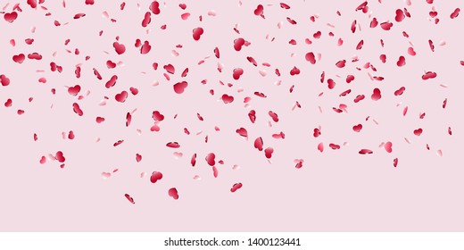 Heart falling confetti isolated pink background. Red fall hearts. Valentine day decoration. Love element design, hearts-shape confetti invitation wedding card, romantic holiday Vector illustration