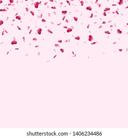 Heart falling confetti isolated pink background. Red fall hearts. Valentine day decoration. Love element design, hearts-shape confetti invitation wedding card, romantic holiday Vector illustration